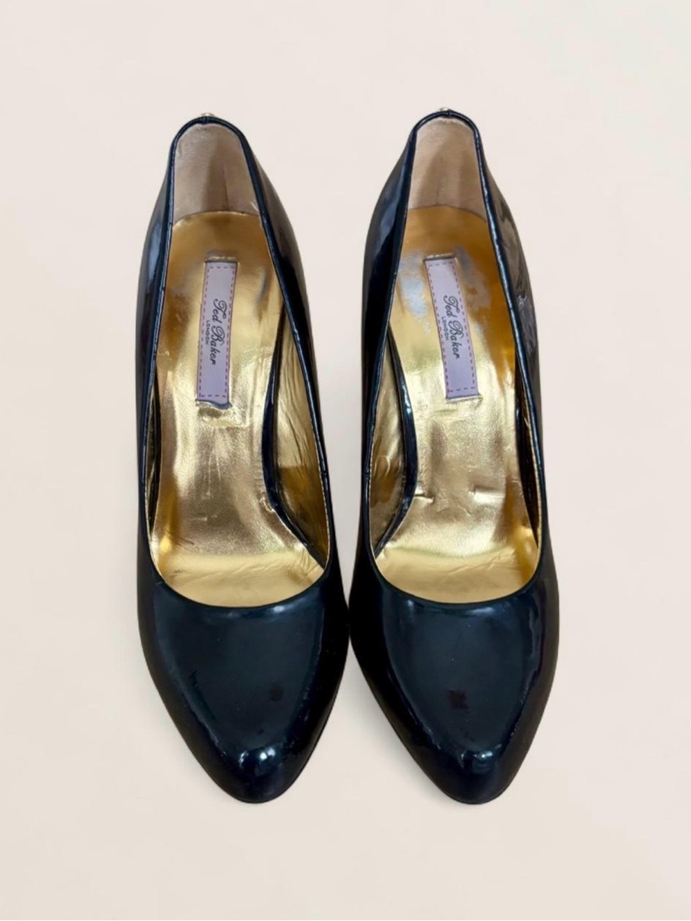 Ted Baker Black Patent Pointed-Toe Pumps with Gold Insole